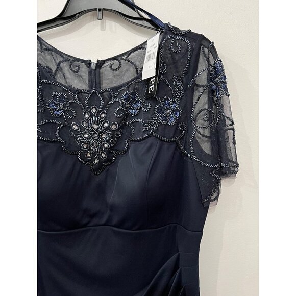 New Xscape Size 18 Beaded Short Sleeve Chiffon Sheath Dress Navy *Thread Pulls* - Picture 15 of 16